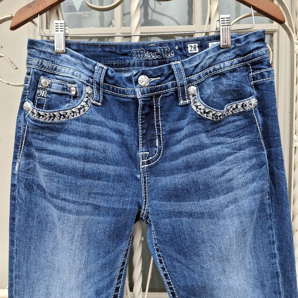 Miss Me Easy Straight Embellished Mid-Rise Blue Jeans Women Size 28 - Picture 4 of 16